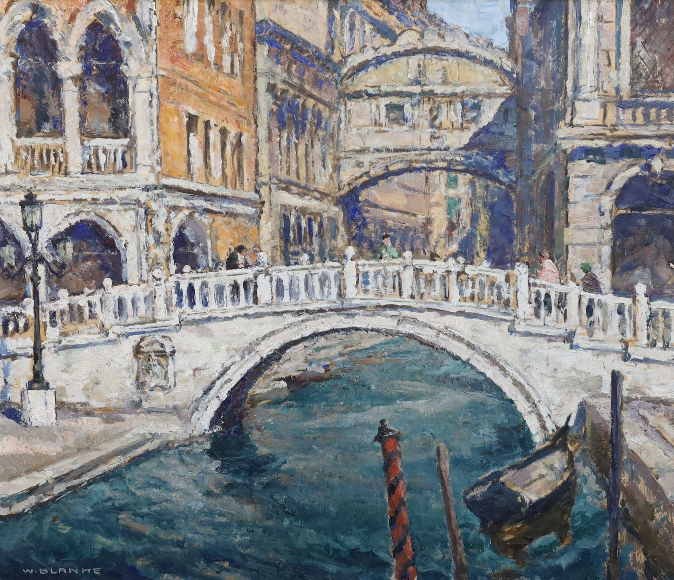 Wilhelm Blanke (German 1873-1943), Venice, the entrance to the Rio di Palazzo, the Bridge of Sighs beyond, oil on board, 58 x 68cm